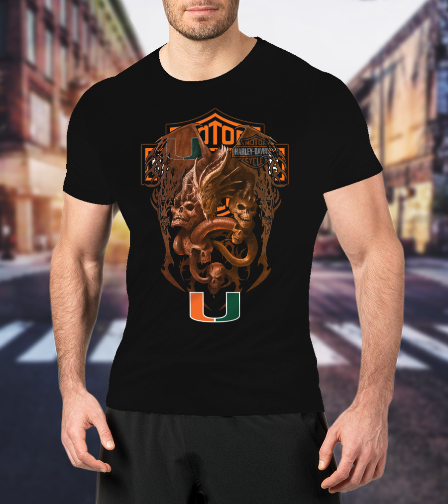 Harley Davidson University Of Miami Dragon Skull Ncaa 108 T-Shirt
