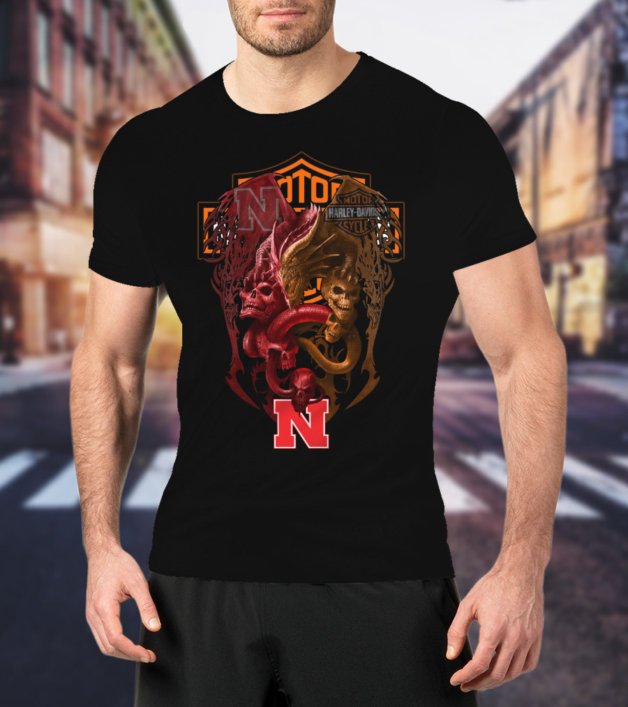 Ncaa Nebraska Red 'N' With Harley Davidson Skull And Serpents T-Shirt