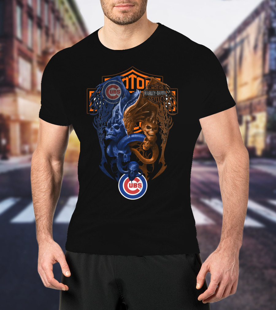 Mlb Cubs Harley Davidson Dual Skull Serpent T-Shirt
