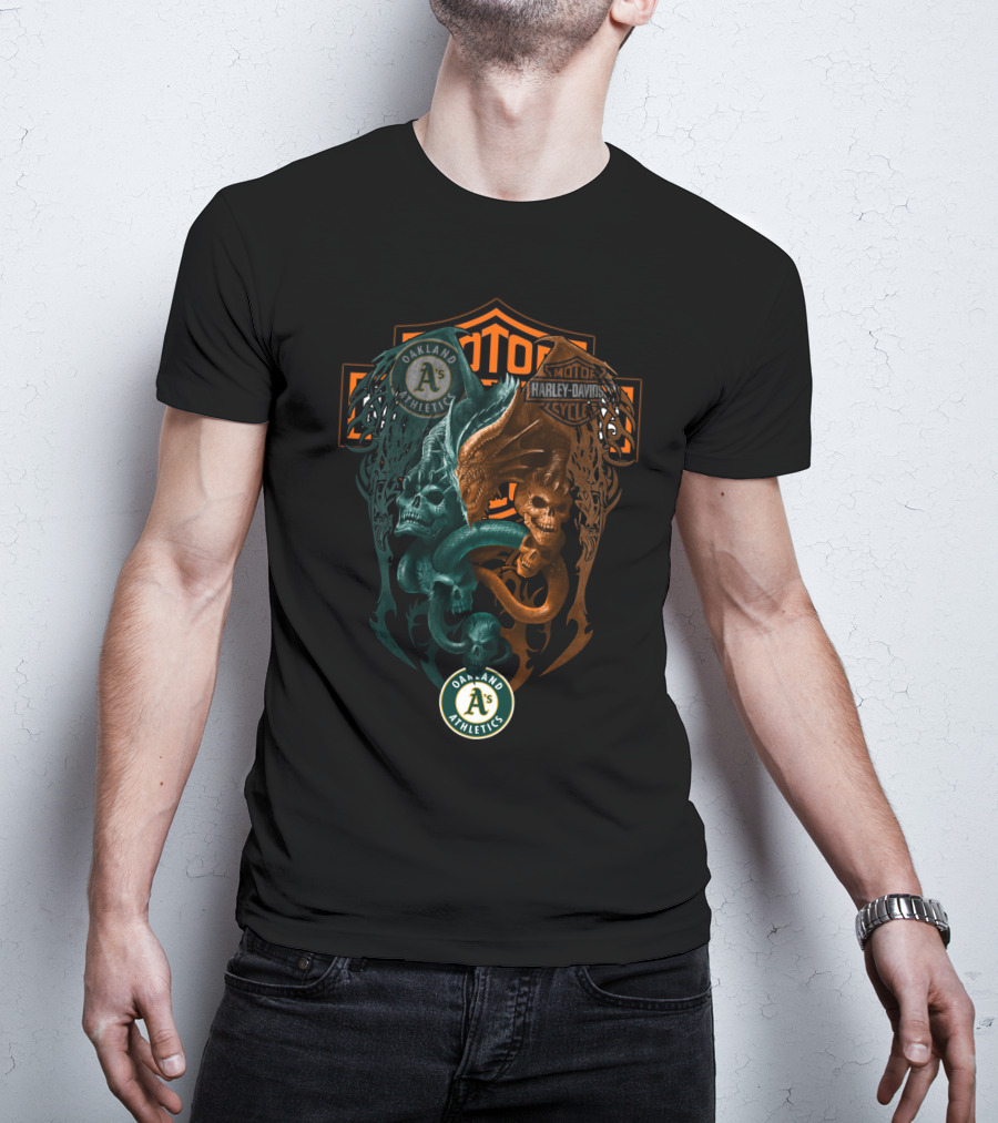 Oakland Athletics Harley Davidson Motorcycles Dual Skull Serpents T-Shirt