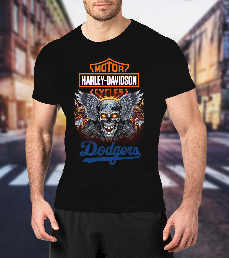 Motor Harley Davidson Cycles Dodgers Skull Wings Flames T-Shirt