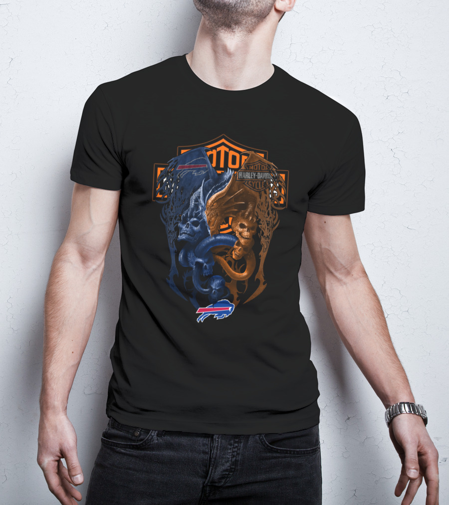 Buffalo Bills Harley Davidson Nfl Collaboration With Dual Skull T-Shirt