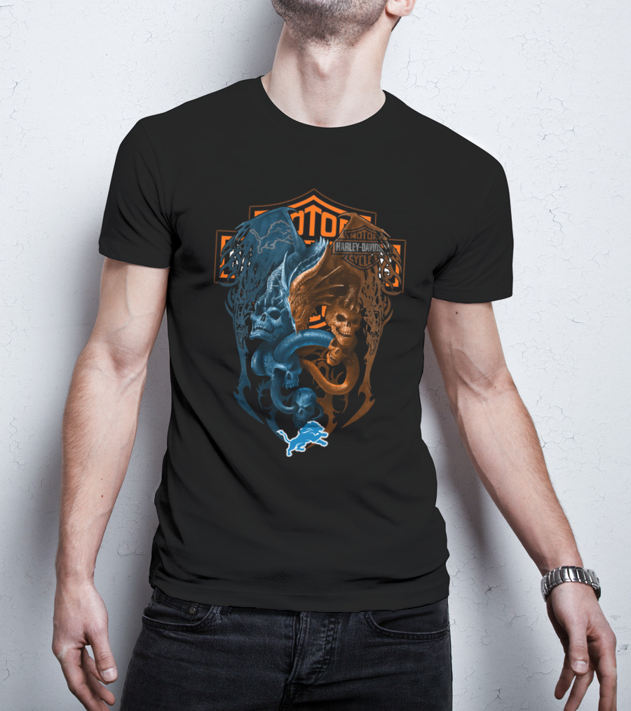 Harley Davidson Motorcycles Detroit Lions Dual Dragon Skulls T-Shirt