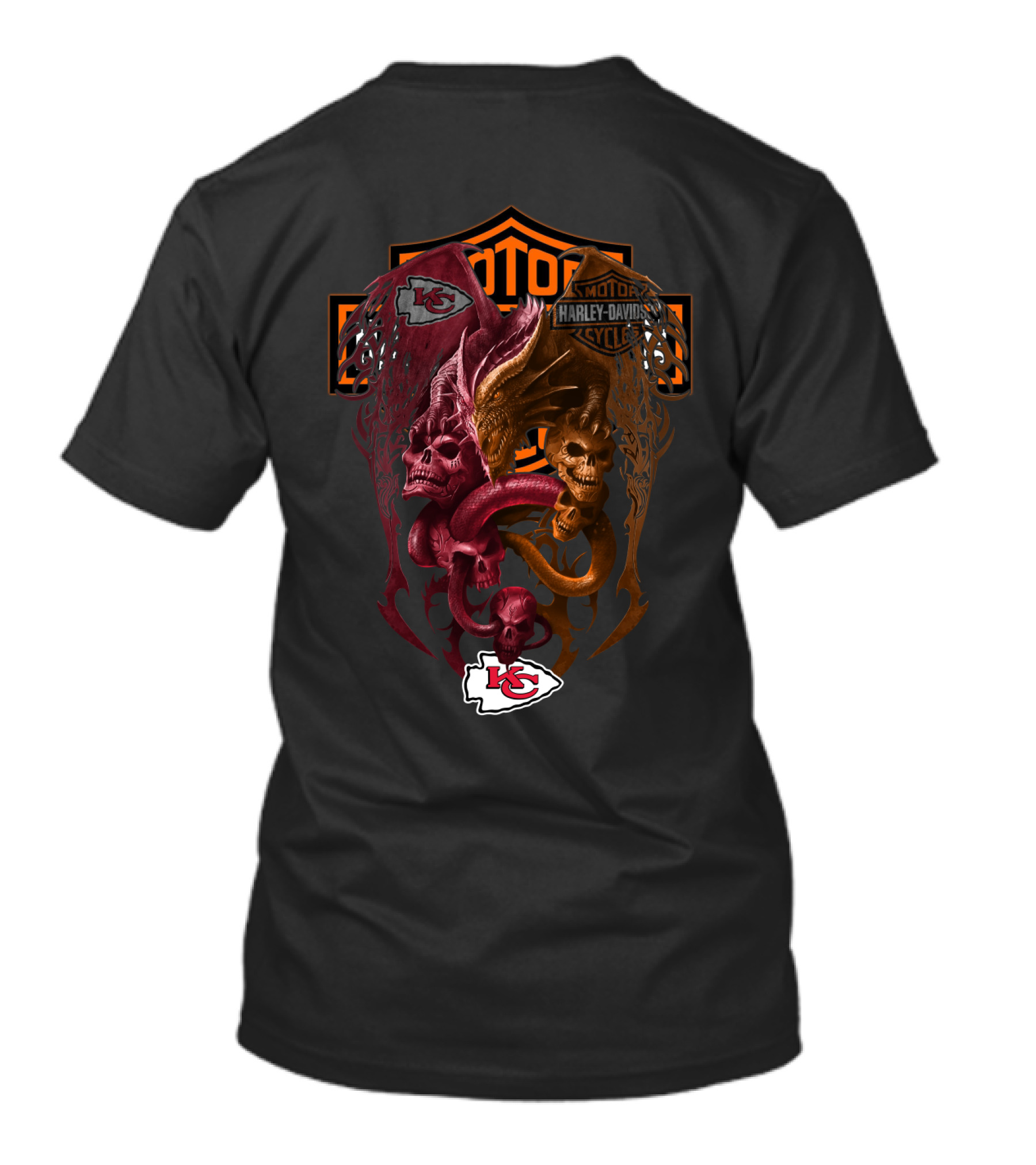 Kansas City Chiefs Harley Davidson Motocycle Club 108 Nfl Kcc Skulls And Serpent T-Shirt