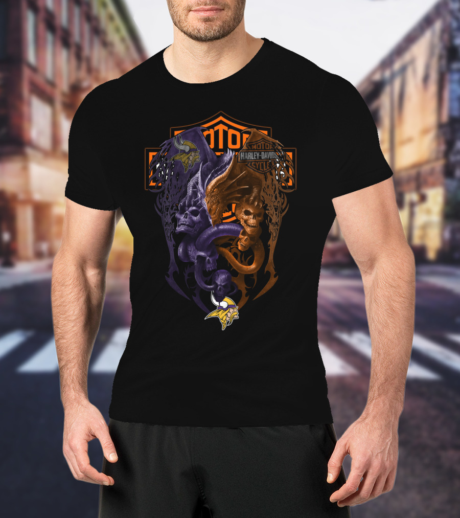 Minnesota Vikings Harley Davidson Skull Serpent Emblem 108 Nfl Mv T-Shirt