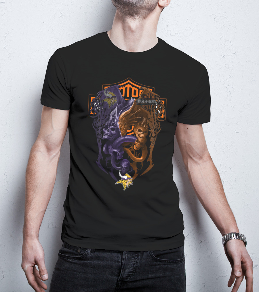 Minnesota Vikings Harley Davidson Skull Serpent Emblem 108 Nfl Mv T-Shirt