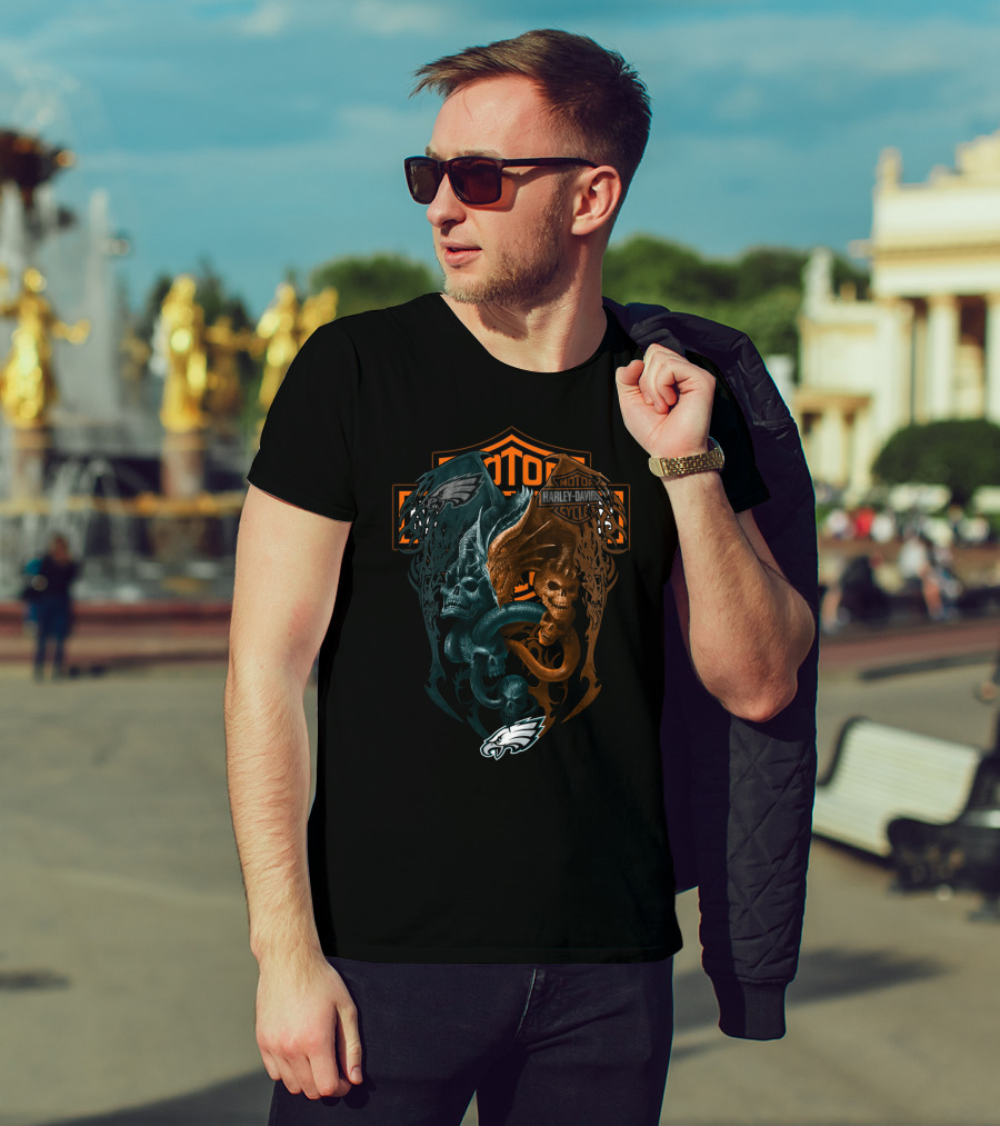 Philadelphia Eagles Harley Davidson Nfl Skull And Wings T-Shirt