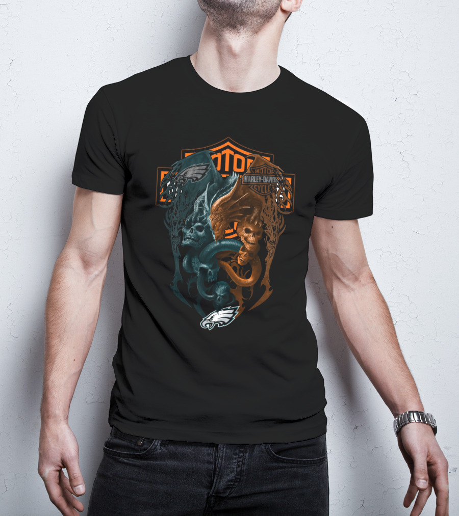 Philadelphia Eagles Harley Davidson Nfl Skull And Wings T-Shirt