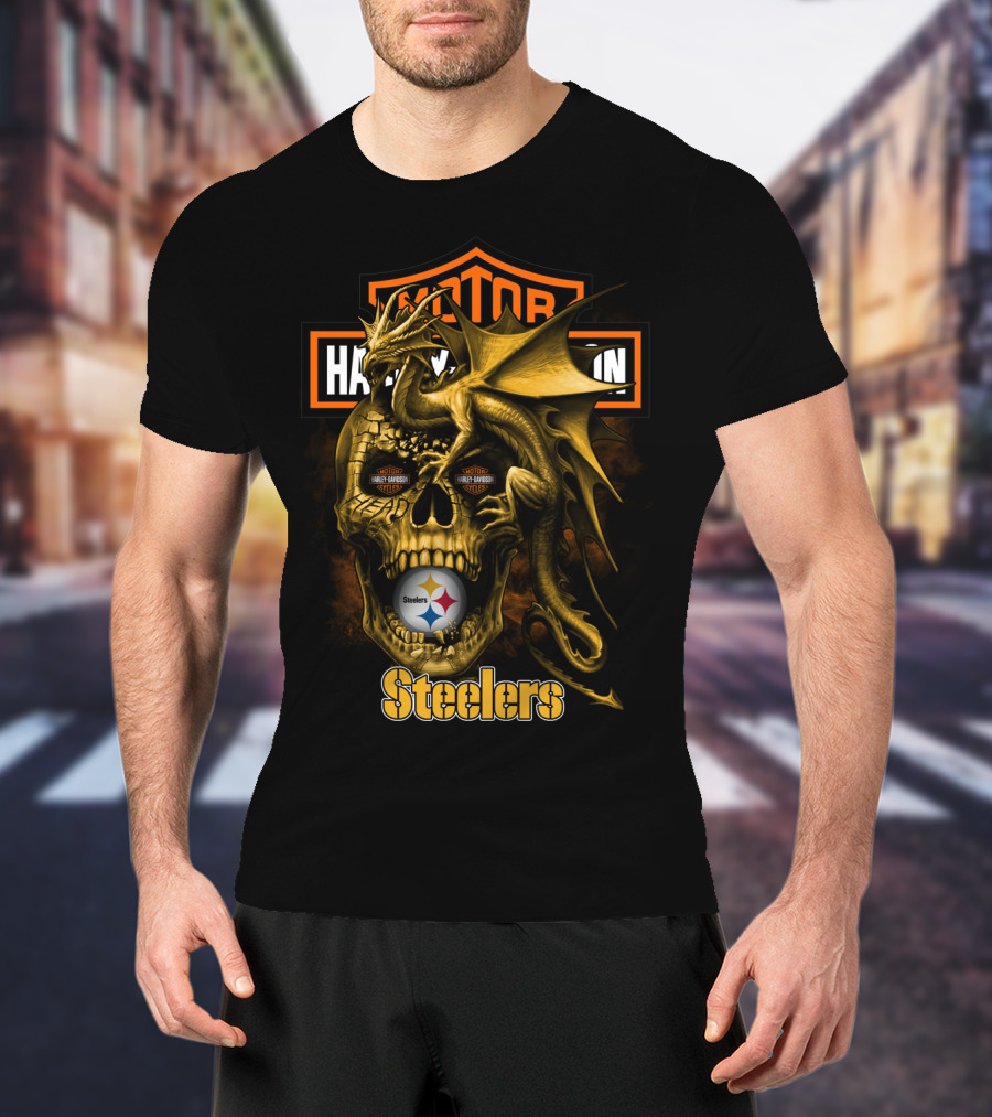 Motor Harley Davidson Steelers Dragon Skull Pittsburgh T-Shirt