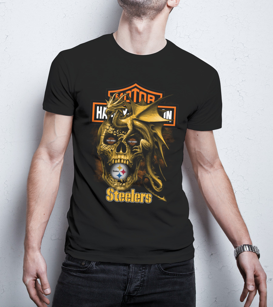 Motor Harley Davidson Steelers Dragon Skull Pittsburgh T-Shirt