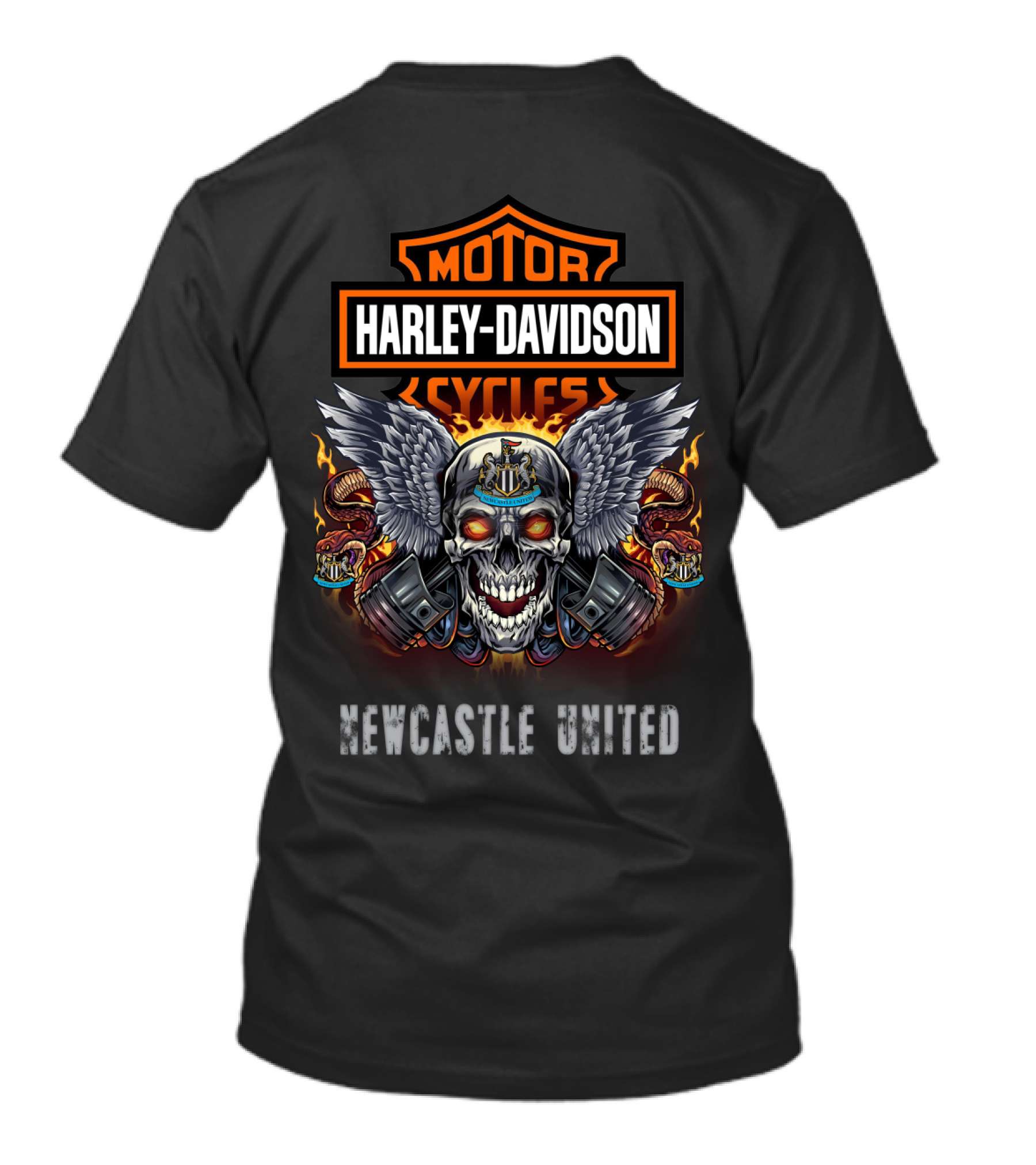 Harley Davidson Cycles Motor Newcastle United Skull Wings Flames Snakes T-Shirt