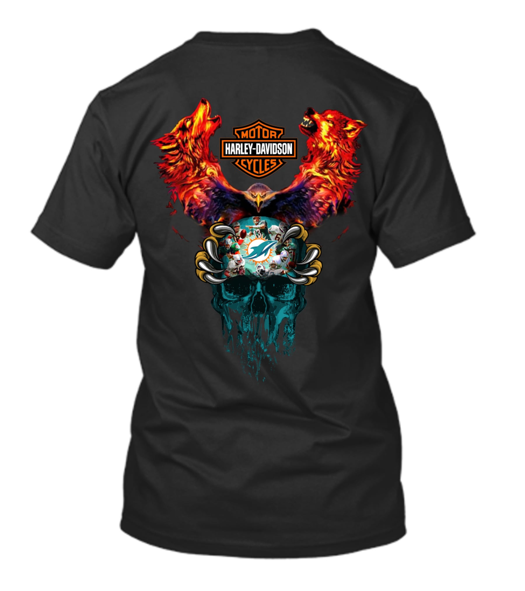 Harley Davidson Motor Cycles Miami Dolphins Wolves And Skull T-Shirt