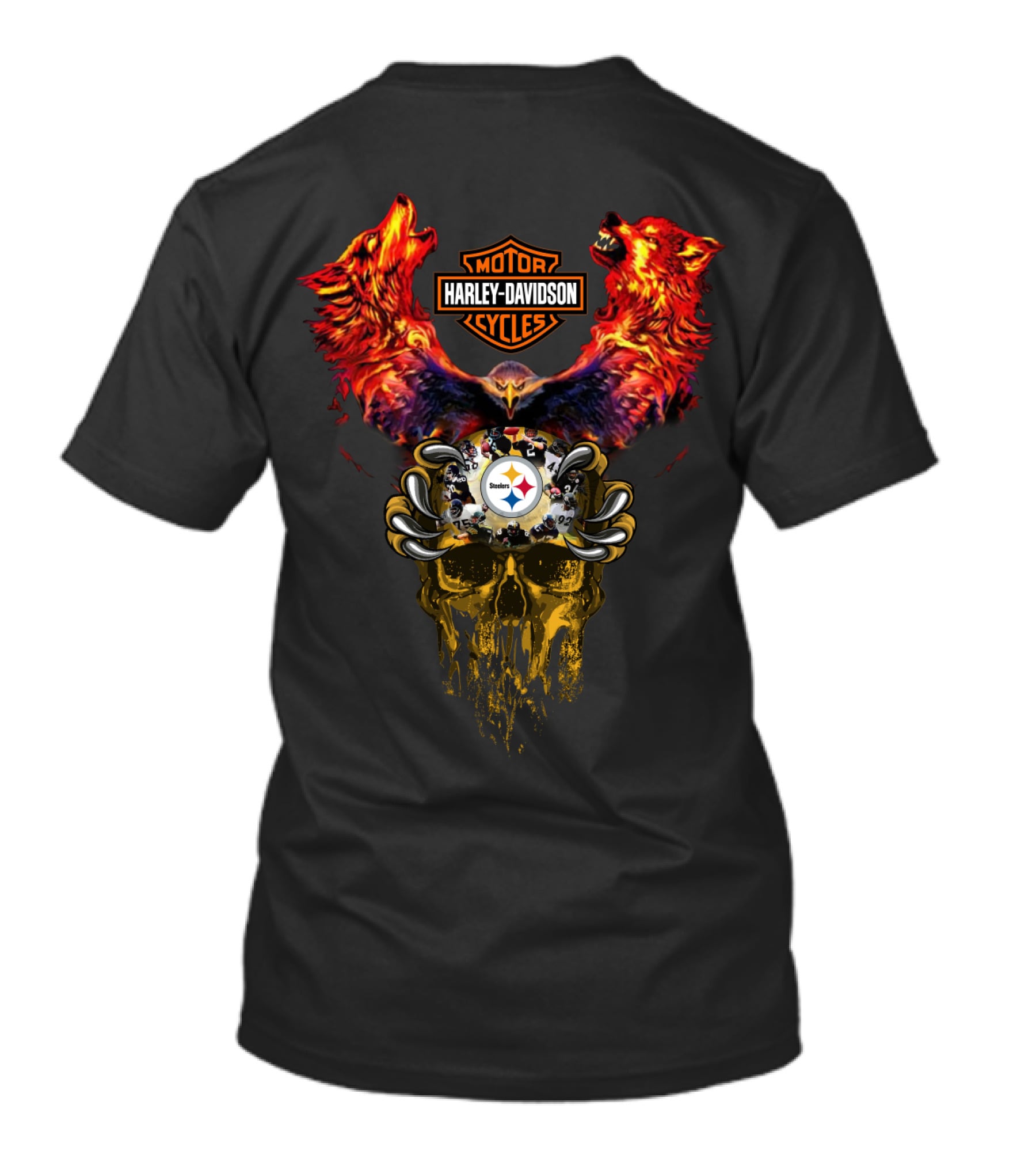 Harley Davidson Motor Cycles Pittsburgh Steelers Wolf Skull T-Shirt