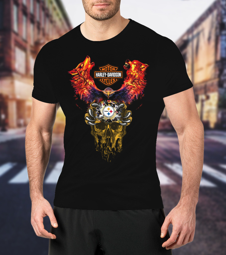 Harley Davidson Motor Cycles Pittsburgh Steelers Wolf Skull T-Shirt