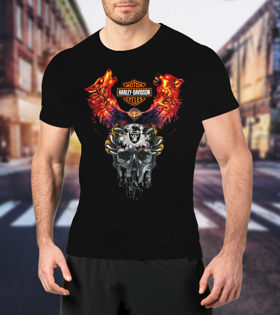 Or Harley Davidson Raiders 75 Skull Eagle Wolves T-Shirt