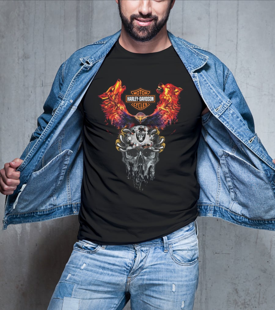 Or Harley Davidson Raiders 75 Skull Eagle Wolves T-Shirt