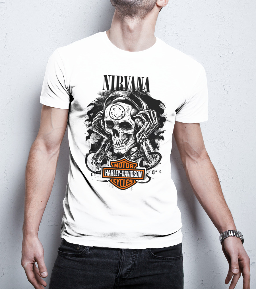 Nirvana Harley Davidson Skull With Headphones T-Shirt