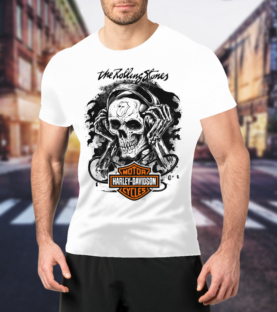The Rolling Stones Harley Davidson Motor Cycles Skull Art T-Shirt
