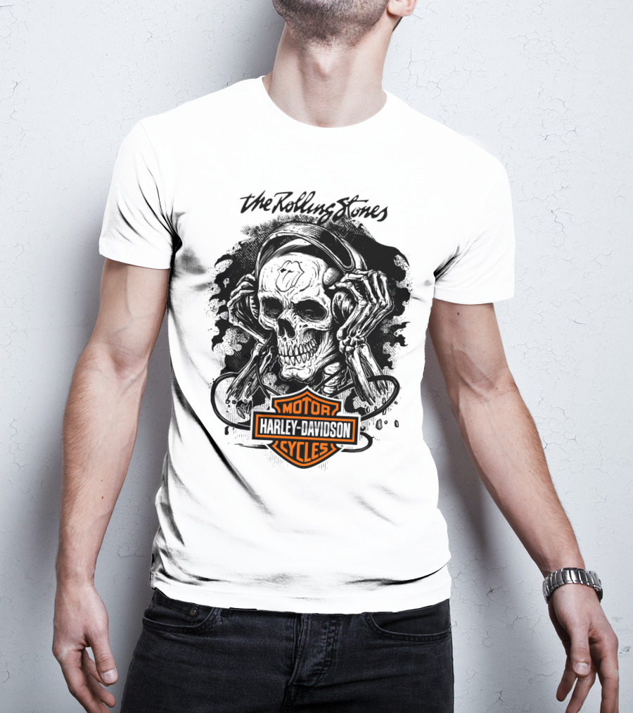 The Rolling Stones Harley Davidson Motor Cycles Skull Art T-Shirt