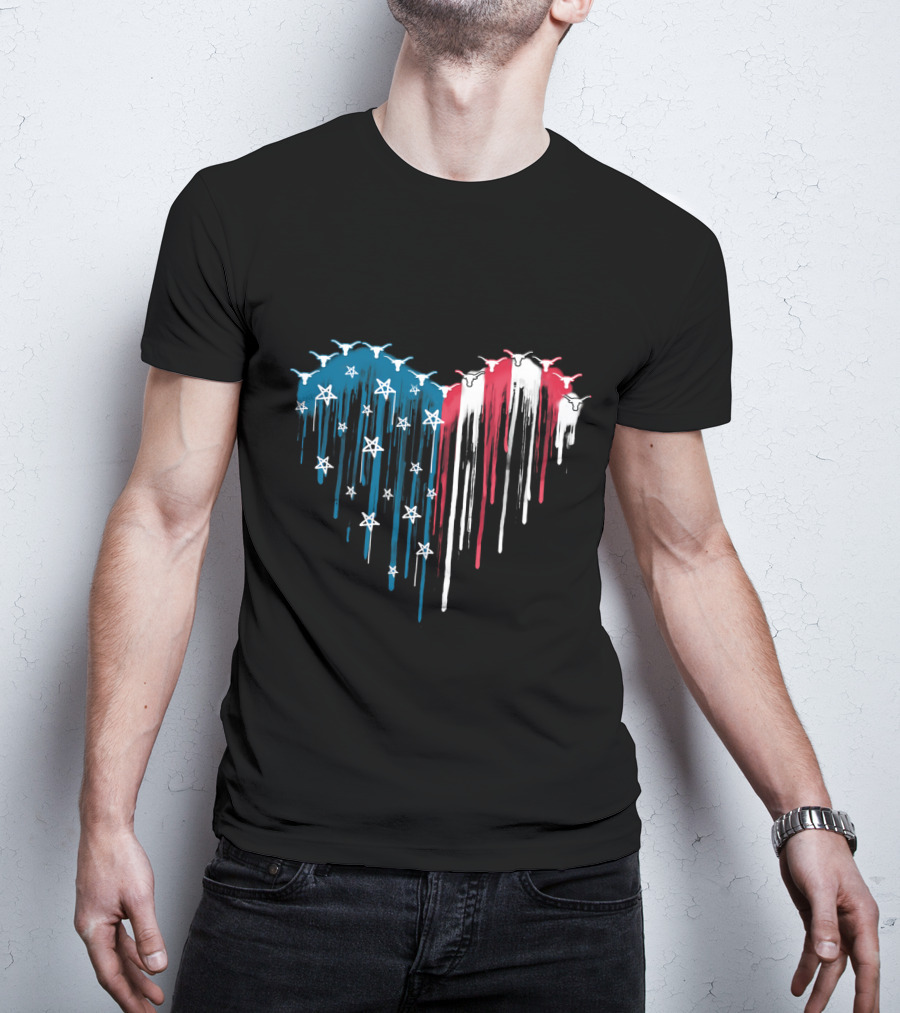 Texas Longhorns Dripping American Flag Heart T-Shirt