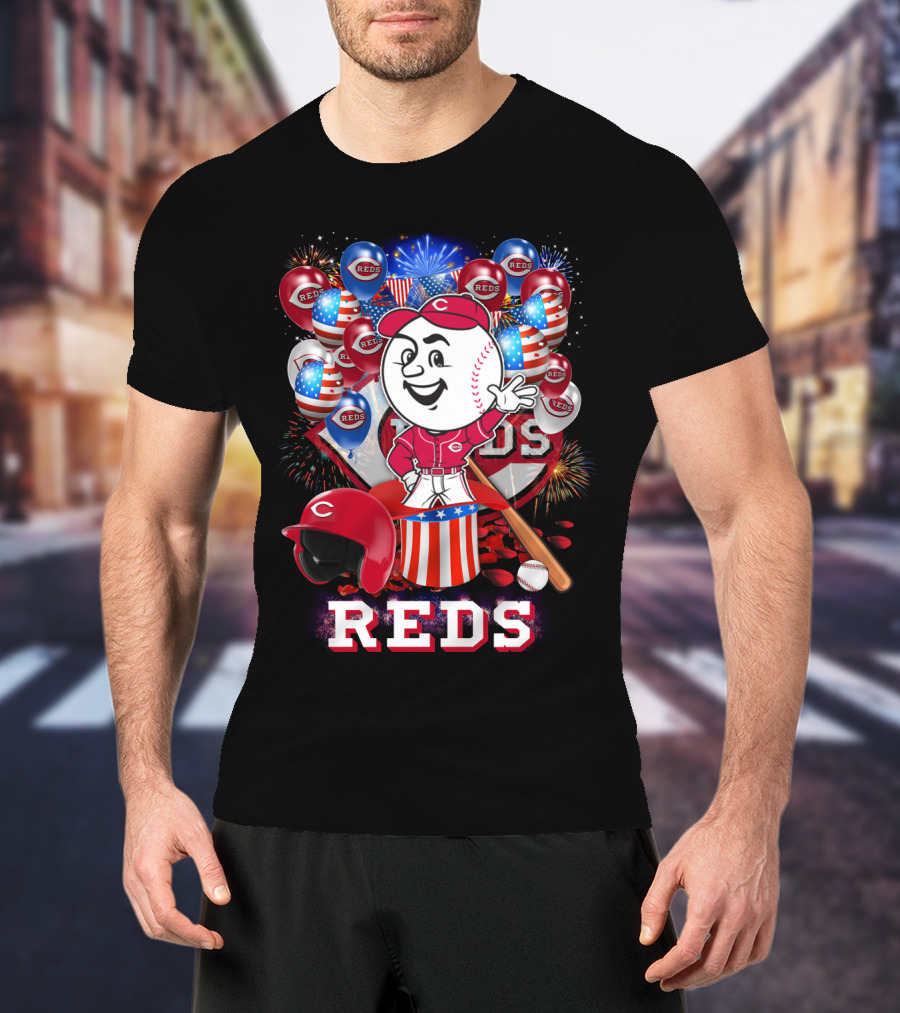 Mlb Cincinnati Reds Baseball Mascot Celebration With Fireworks And Patriotic Details T-Shirt