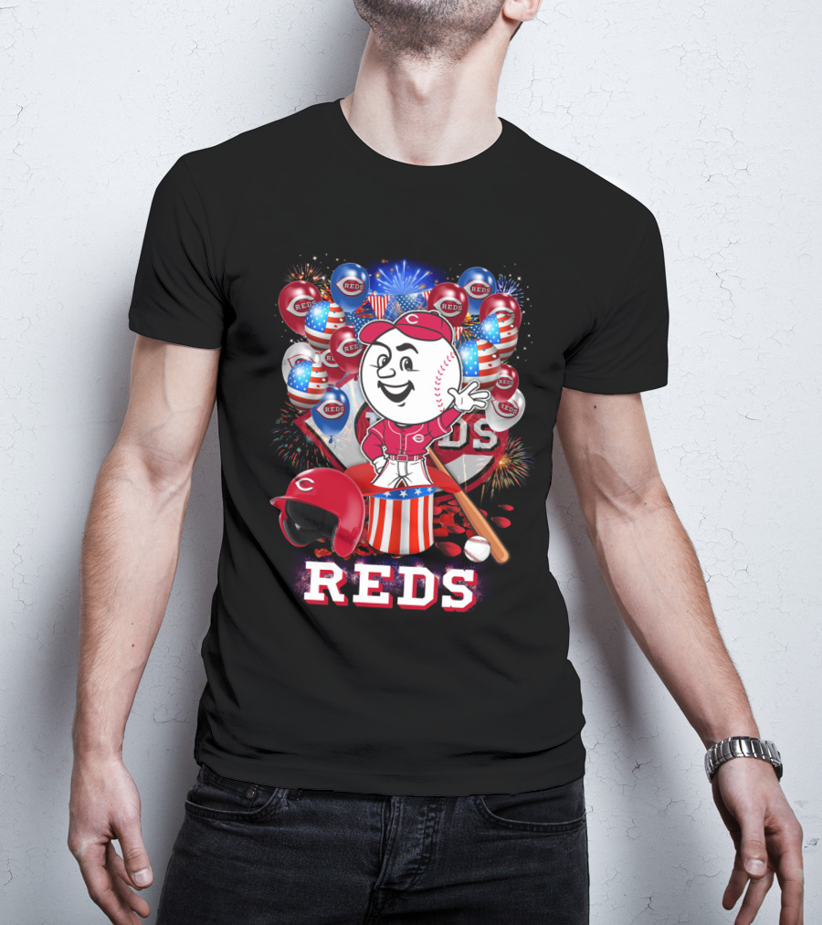 Mlb Cincinnati Reds Baseball Mascot Celebration With Fireworks And Patriotic Details T-Shirt