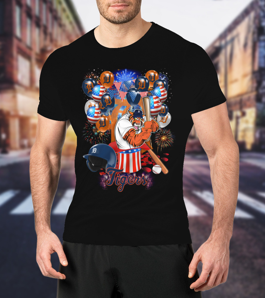 Mlb Detroit Tigers Patriotic Celebration Baseball Fireworks T-Shirt