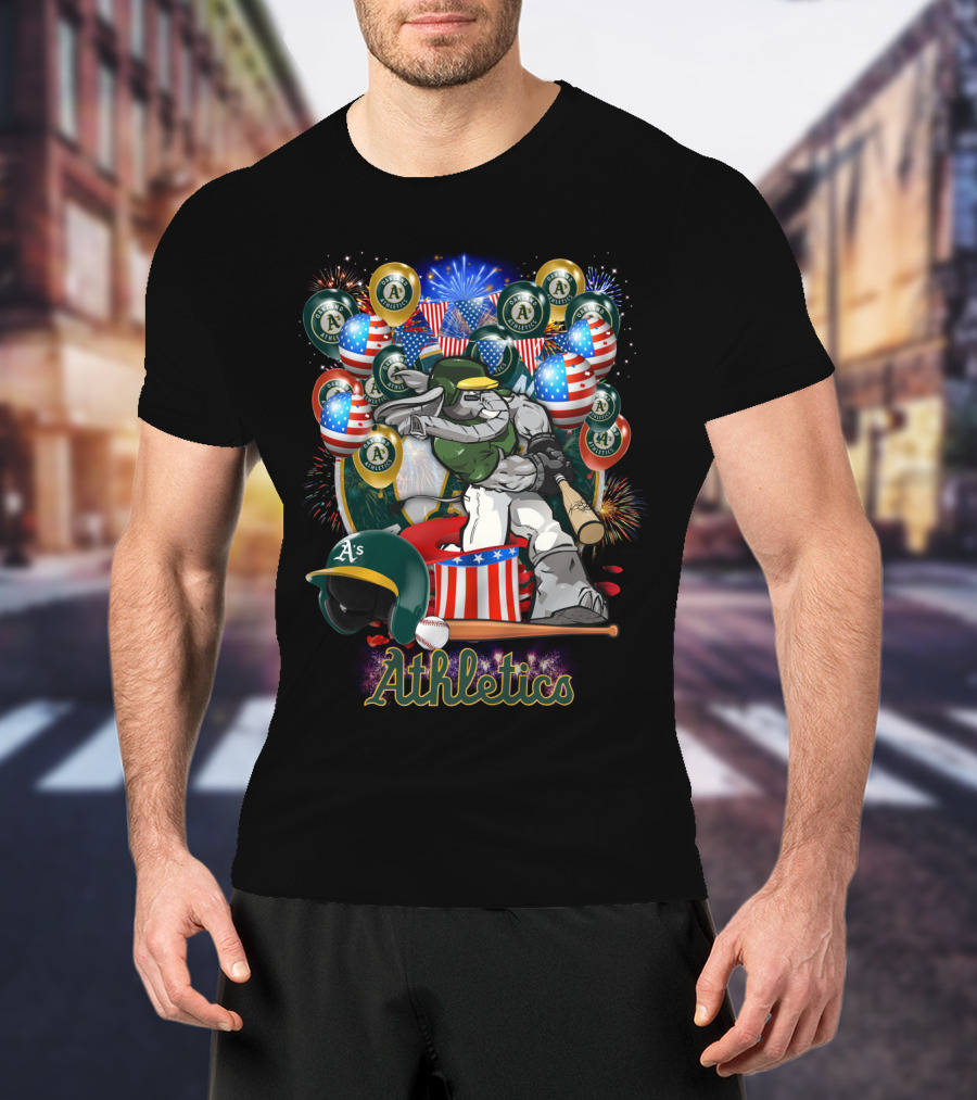Mlb Oakland Athletics Fireworks Celebration With American Flags And Baseball Elements T-Shirt