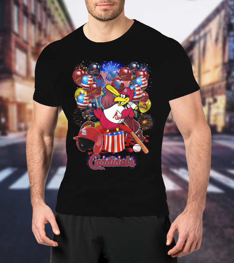St Louis Cardinals Patriotic Fireworks And Balloons T-Shirt