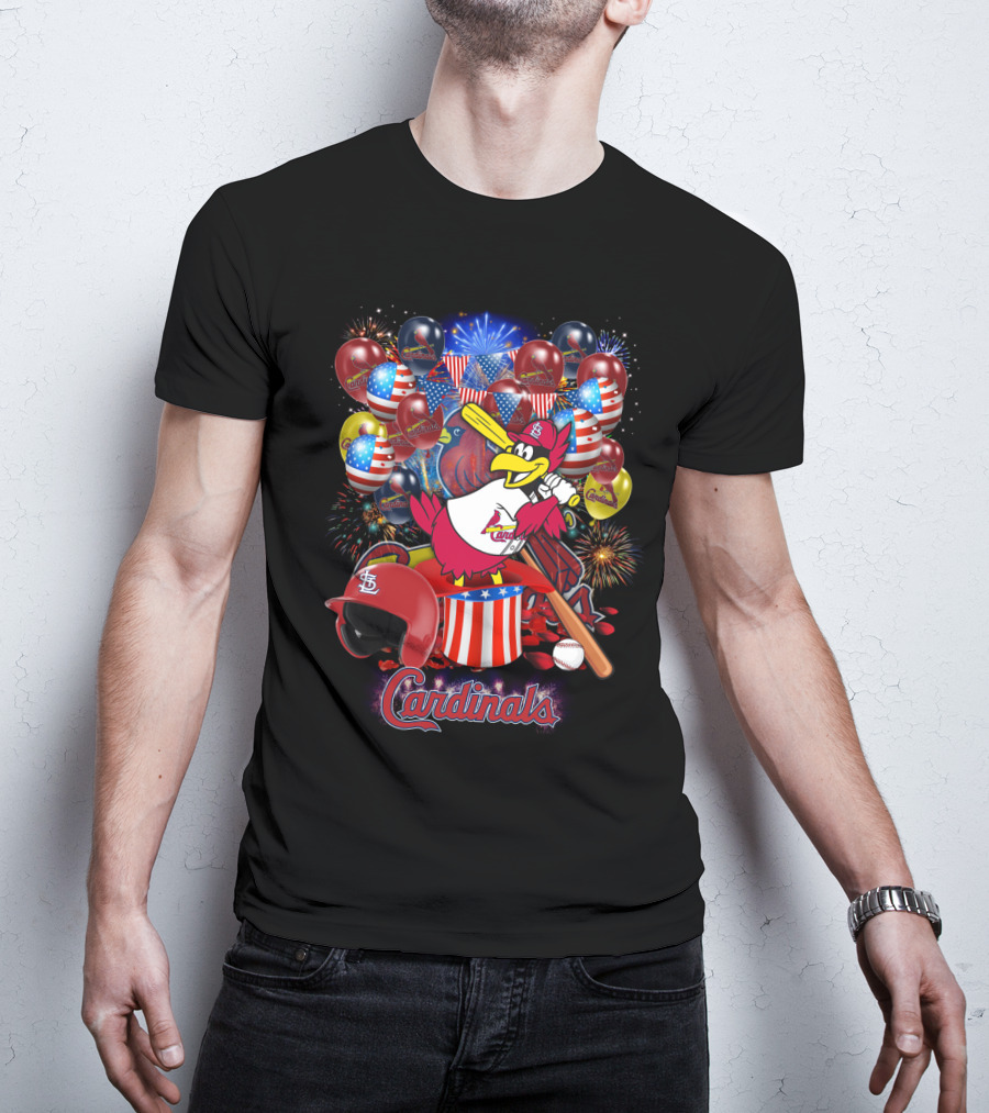 St Louis Cardinals Patriotic Fireworks And Balloons T-Shirt
