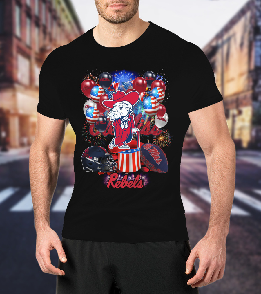 Ncaa2 Ole Miss Rebels Patriotic Balloons Fireworks Football Helmet Colonel Mascot Celebration T-Shirt