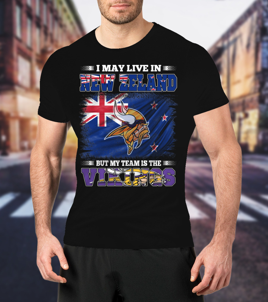 I May Live In New Zeland But My Team Is The Vikings Flag With New Zealand Flag And Viking Helmet T-Shirt