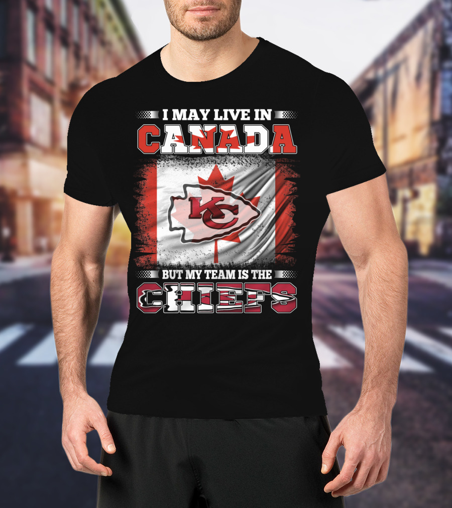 Chiefs Enthusiast Living In Canada With Kansas City Logo And Canadian Flag Background T-Shirt