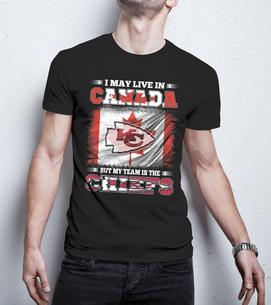 Chiefs Enthusiast Living In Canada With Kansas City Logo And Canadian Flag Background T-Shirt