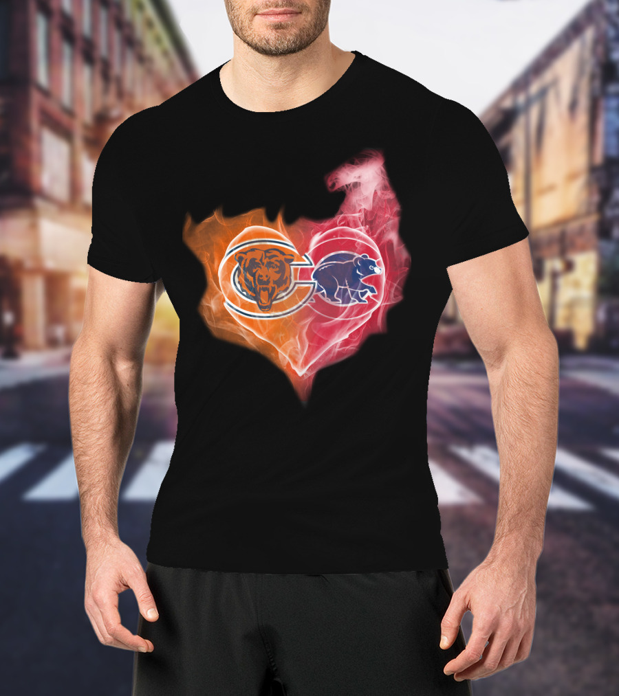 Chicago Bears Cubs Heart Fire Logo Fusion T-Shirt