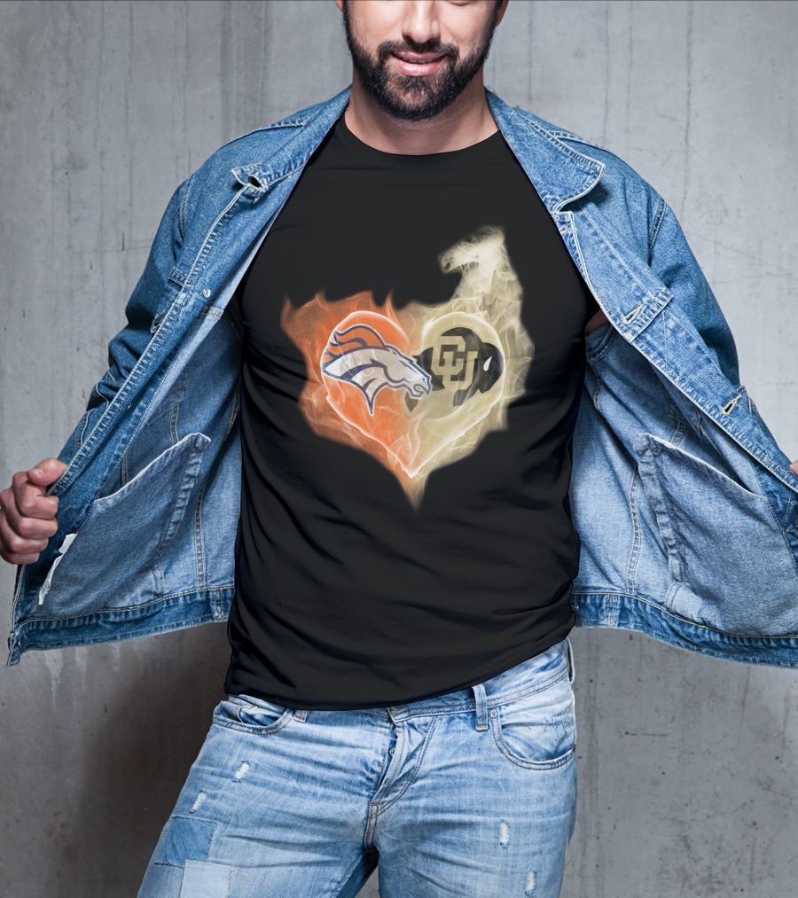 Broncos Colorado Buffaloes Heart-Shaped Flames T-Shirt