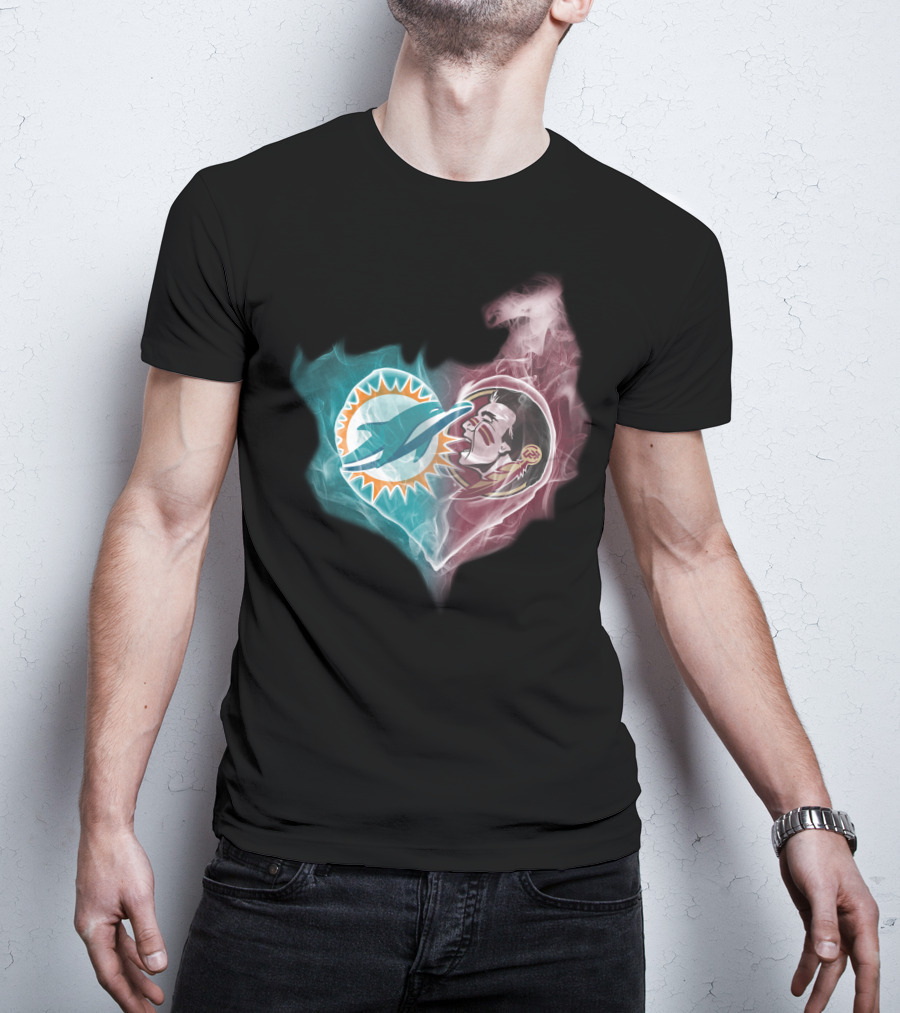 Miami Dolphins Florida State Seminoles Logo Heart Fusion T-Shirt
