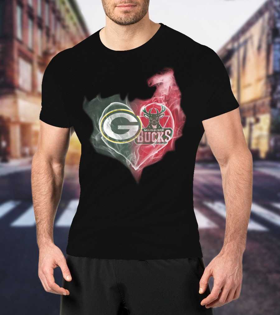 Green Bay Packers And Milwaukee Bucks Heart Fusion T-Shirt