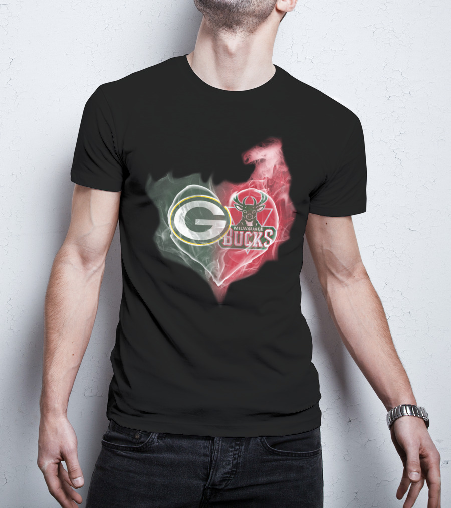 Green Bay Packers And Milwaukee Bucks Heart Fusion T-Shirt