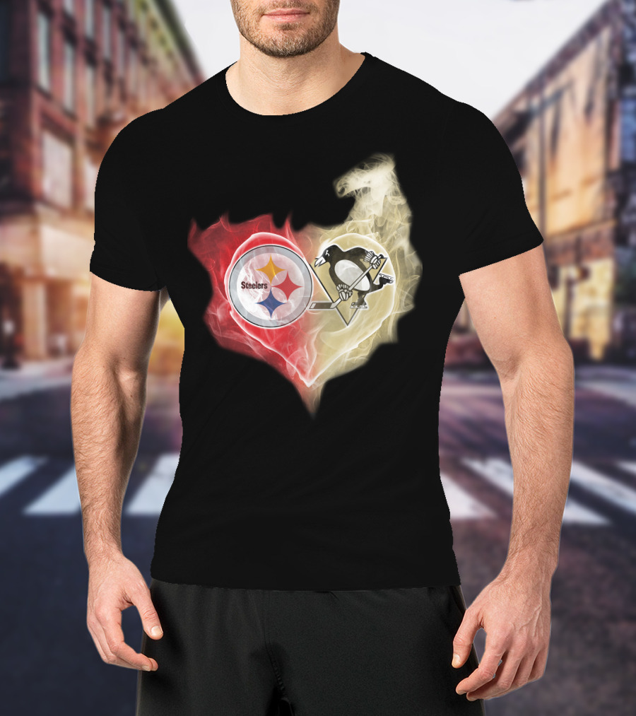 Steelers Pittsburgh Penguins Heart Shape Emblem T-Shirt