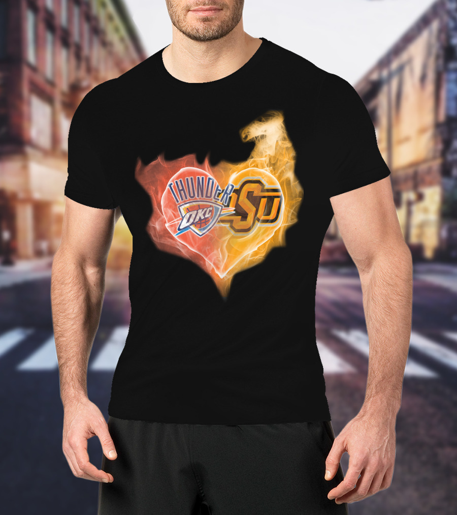 Thunder OKC And OSU Cowboys Flame Heart T-Shirt