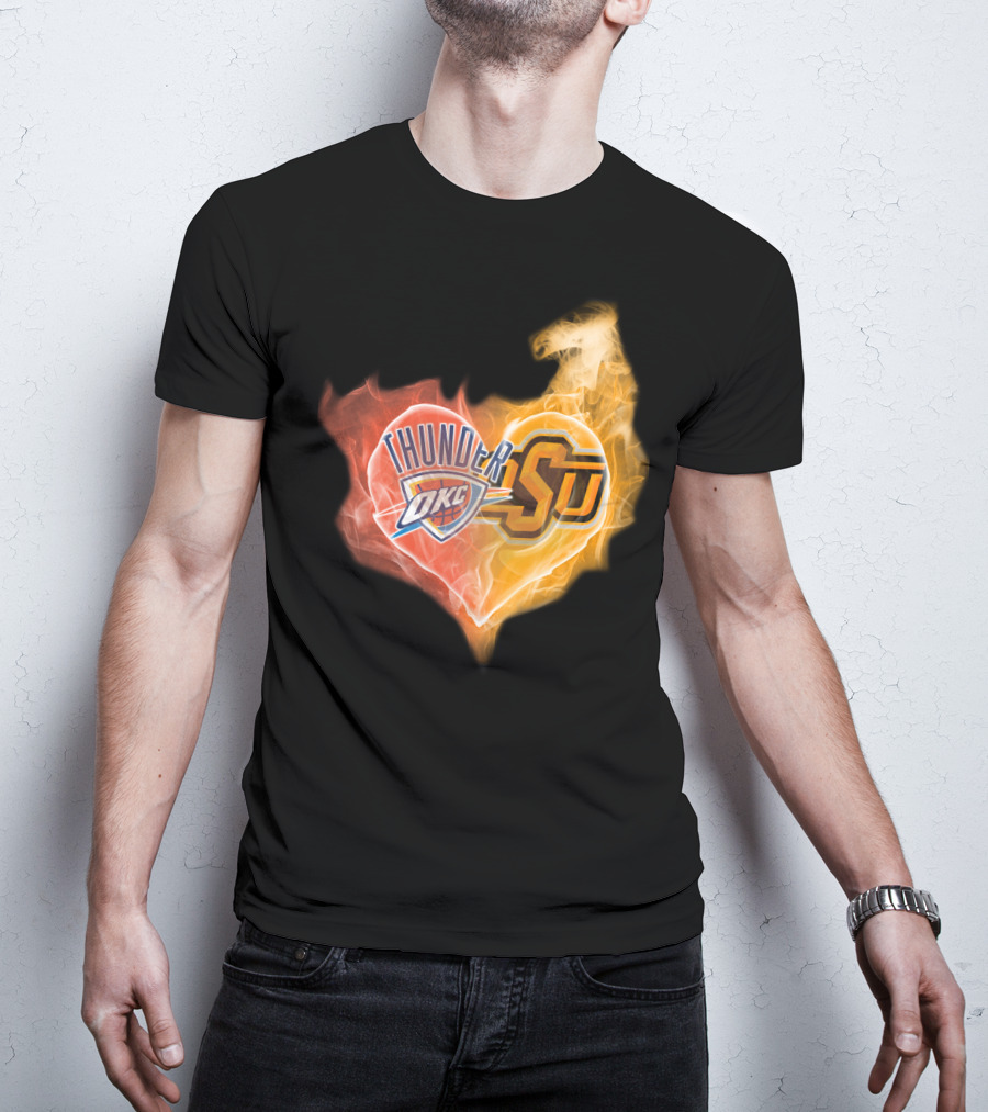 Thunder OKC And OSU Cowboys Flame Heart T-Shirt