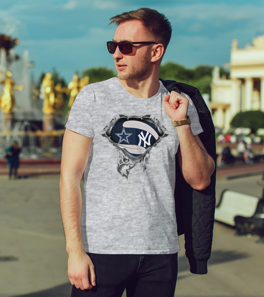Cowboys Yankees Star And Ny Logo Fusion On Torn Fabric T-Shirt