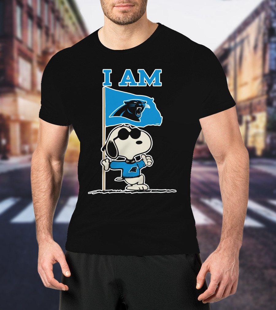 Carolina Panthers Snoopy I Am Peanuts Blue Flag T-Shirt
