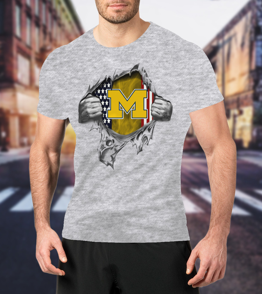Michigan Wolverines M Logo With American Flag Tear T-Shirt