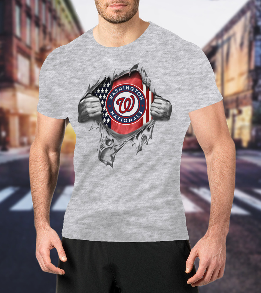 Washington Nationals American Flag Logo Hidden Behind Ripped Surface T-Shirt