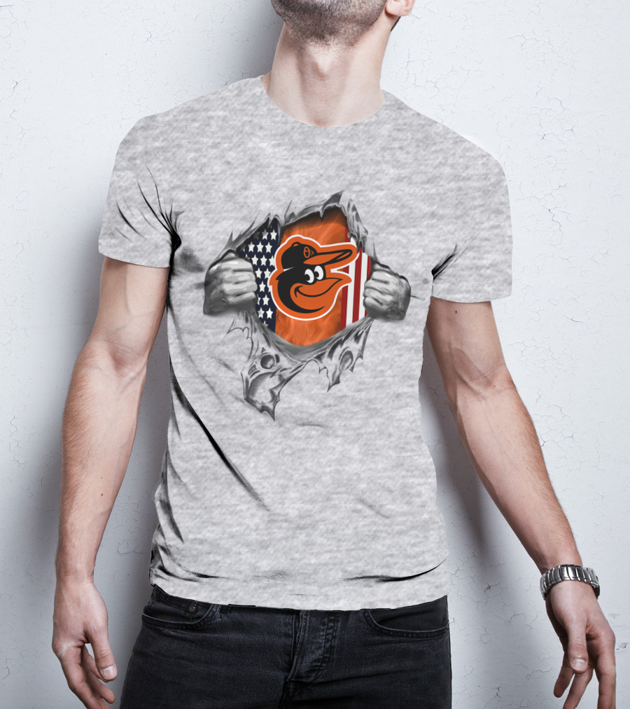 Baltimore Orioles American Flag Baseball Team Logo Peeling Layers T-Shirt