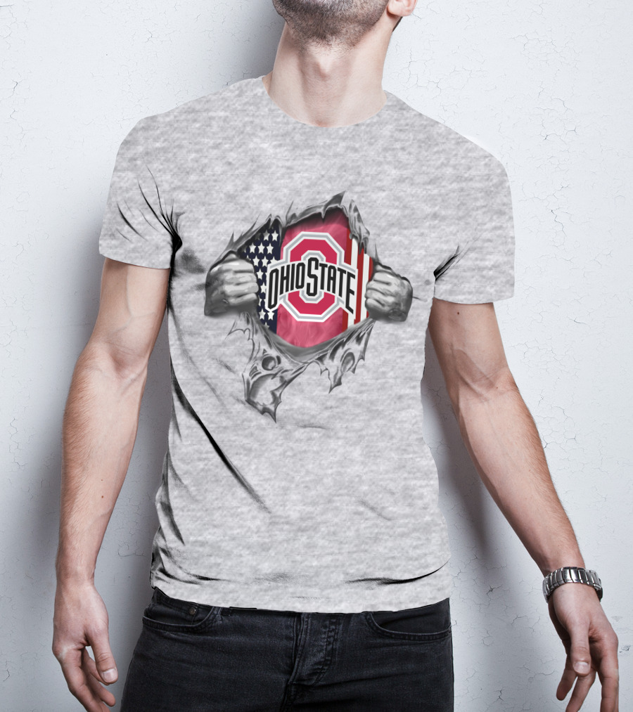Ohio State Buckeyes American Flag Rip Through T-Shirt