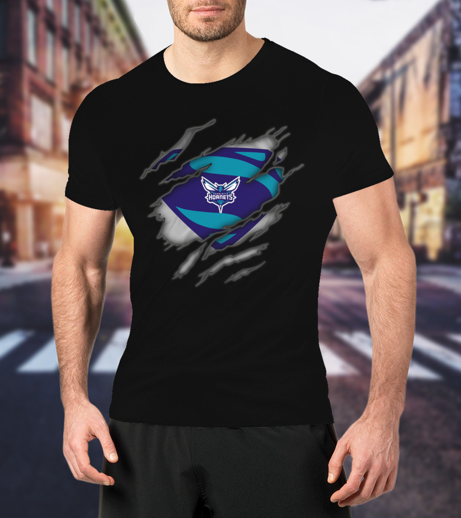 Charlotte Hornets Logo Ripped Superman Style T-Shirt