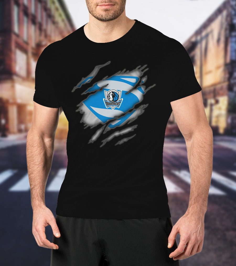 Dallas Mavericks Logo With Superman Style Costume Rip T-Shirt